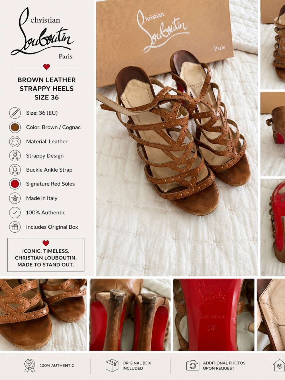 Christian Louboutin Brown Leather Strappy Sandal Heels with Red Soles